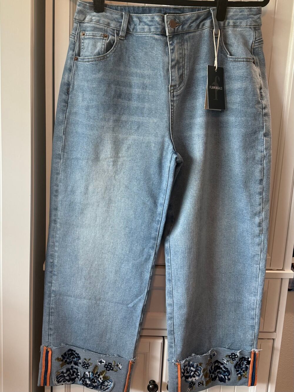 Floral Embroidery Roll Raw Hem Straight Leg High Rise Jeans